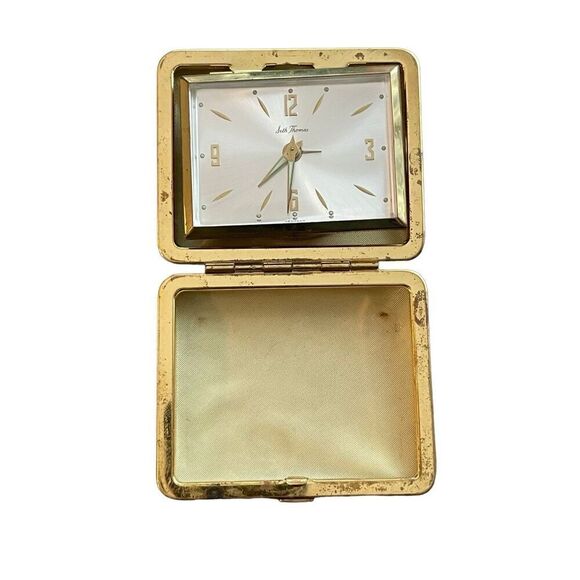 Vintage Seth Thomas Travel Desk Clock Manual Wind Black Case For Parts or Repair - Picture 1 of 6